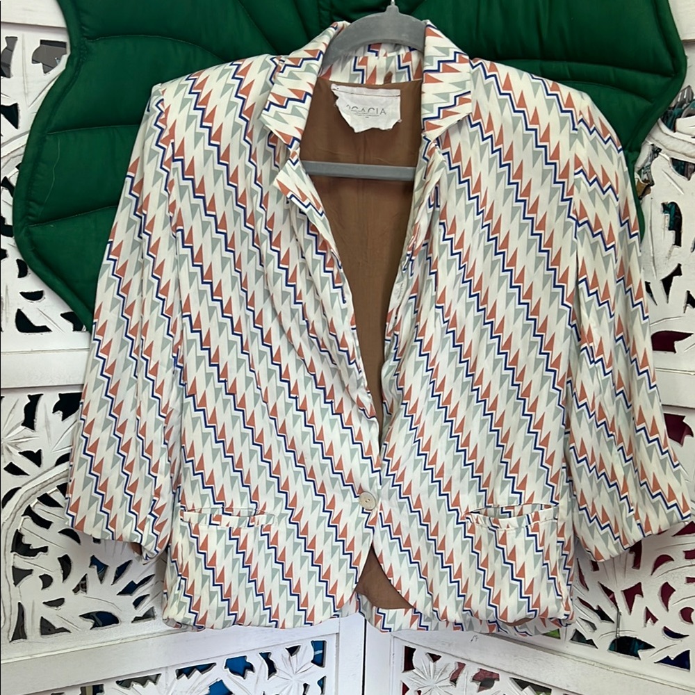 VTG Rare vintage acacia swimwear silk blazer. Blue/orange geometric print. Med.